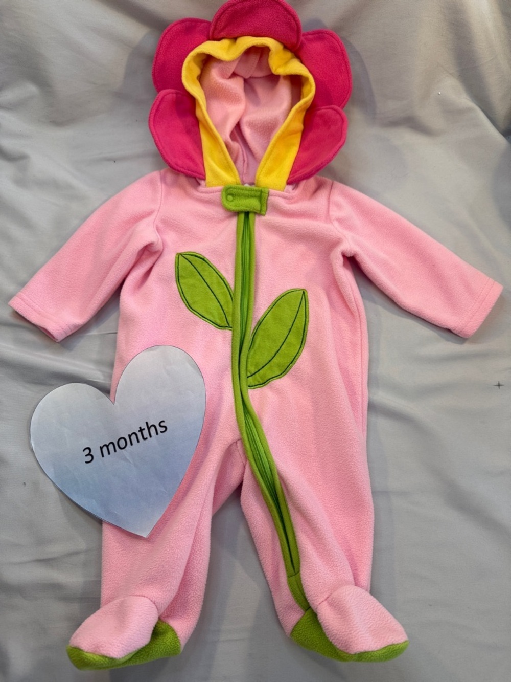 Pink Flower Hooded Baby One-Piece Footie - Green Stem Detail